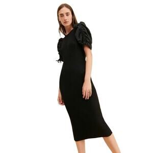 NWT Anthropologie En Saison Fitted Maxime Midi Dress Puff Sleeves Black Size Med